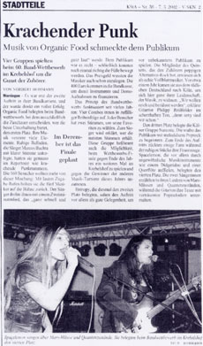 Kölner Stadtanzeiger über den Band-Kontest am 01.03.2002 im Krebelshof. Narcotic spielten mit Organic Food, Entropy und Spacelemon