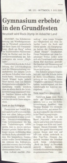 Zeitungsbericht Rock am Berg im Wiedtal-Gymnasium Neustadt/Wied am 22.06.2002
